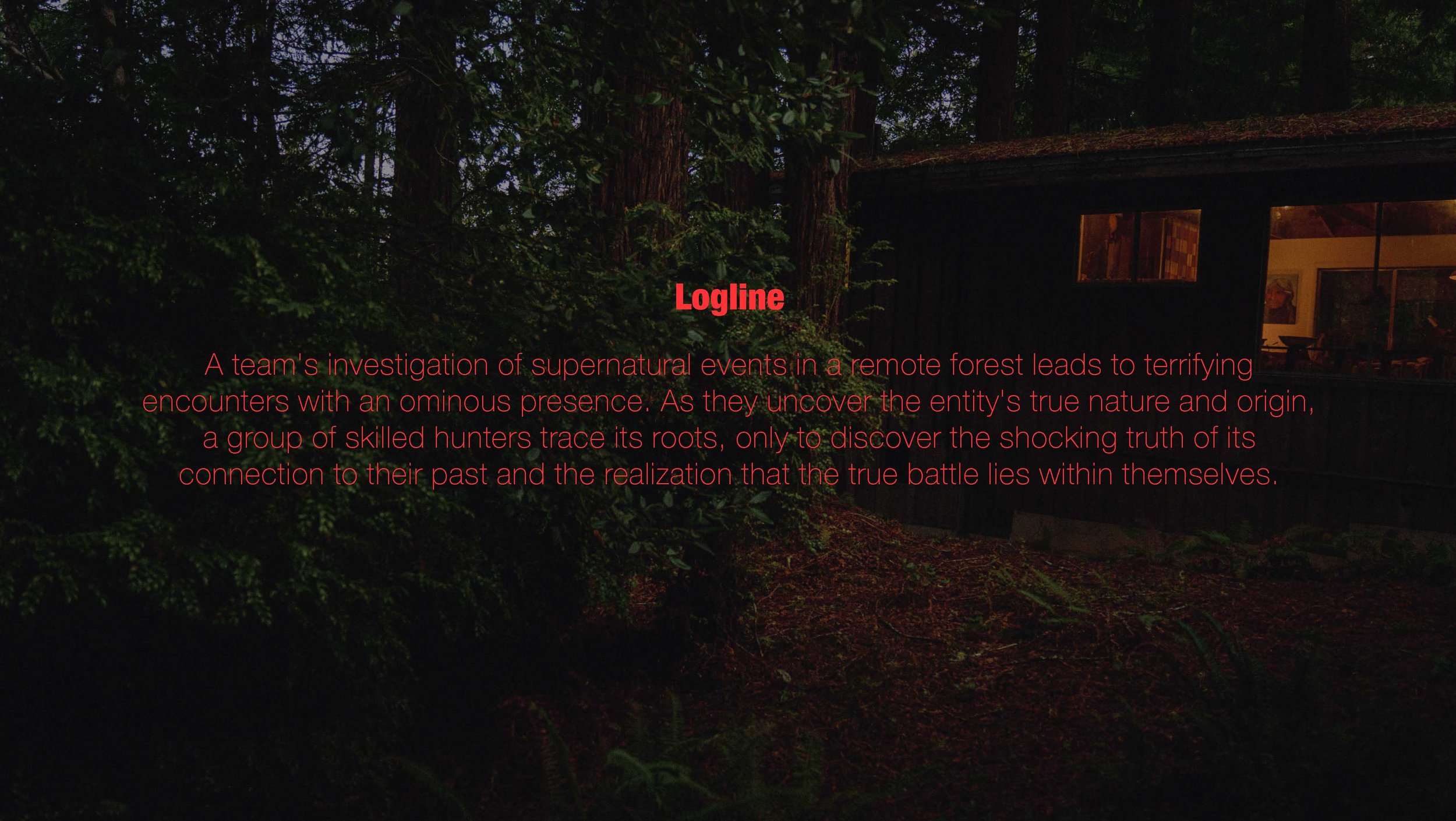 Dark forest scene with a cabin emitting warm light inside, surrounded by trees and dense foliage.