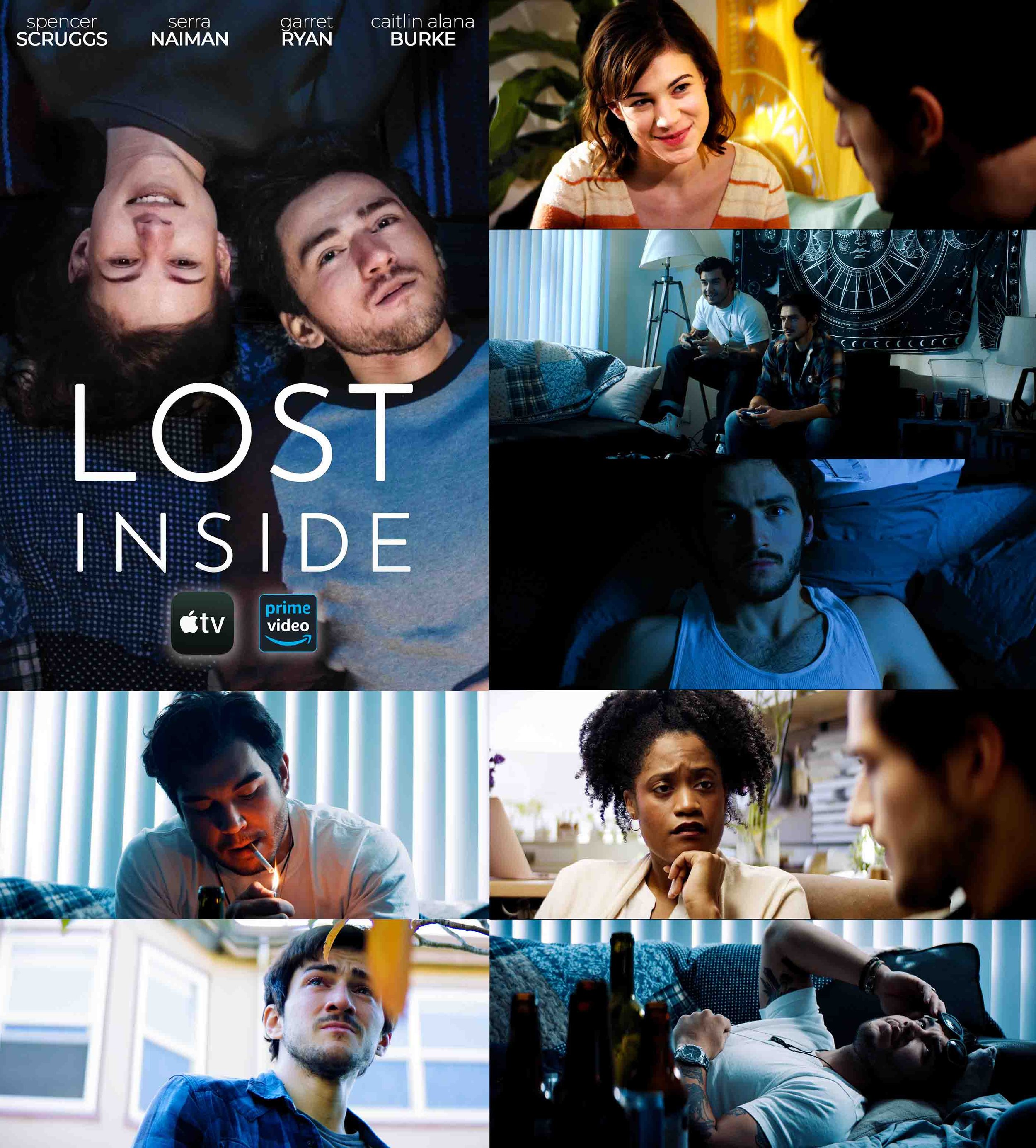 Collage of scenes from the TV show "Lost Inside" featuring various characters in different settings, including a girl smiling, two boys playing video games, a man lying on a bed, a woman looking concerned, and a young man looking thoughtful. The show's title and streaming platform logos are also included.