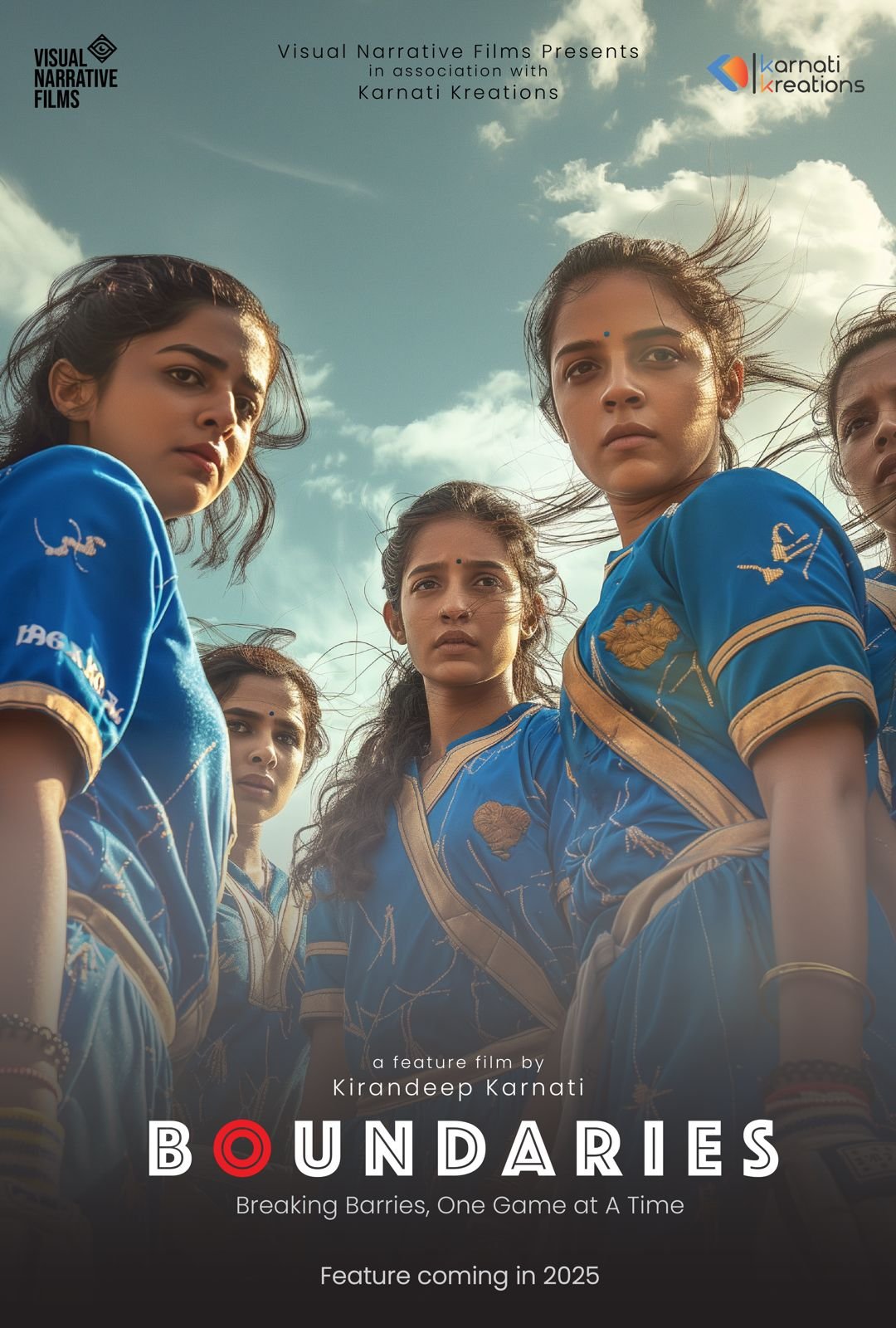 Poster for the film 'Boundaries' showing five young women in blue traditional sarees standing outdoors against a partly cloudy sky, looking intensely at the camera.