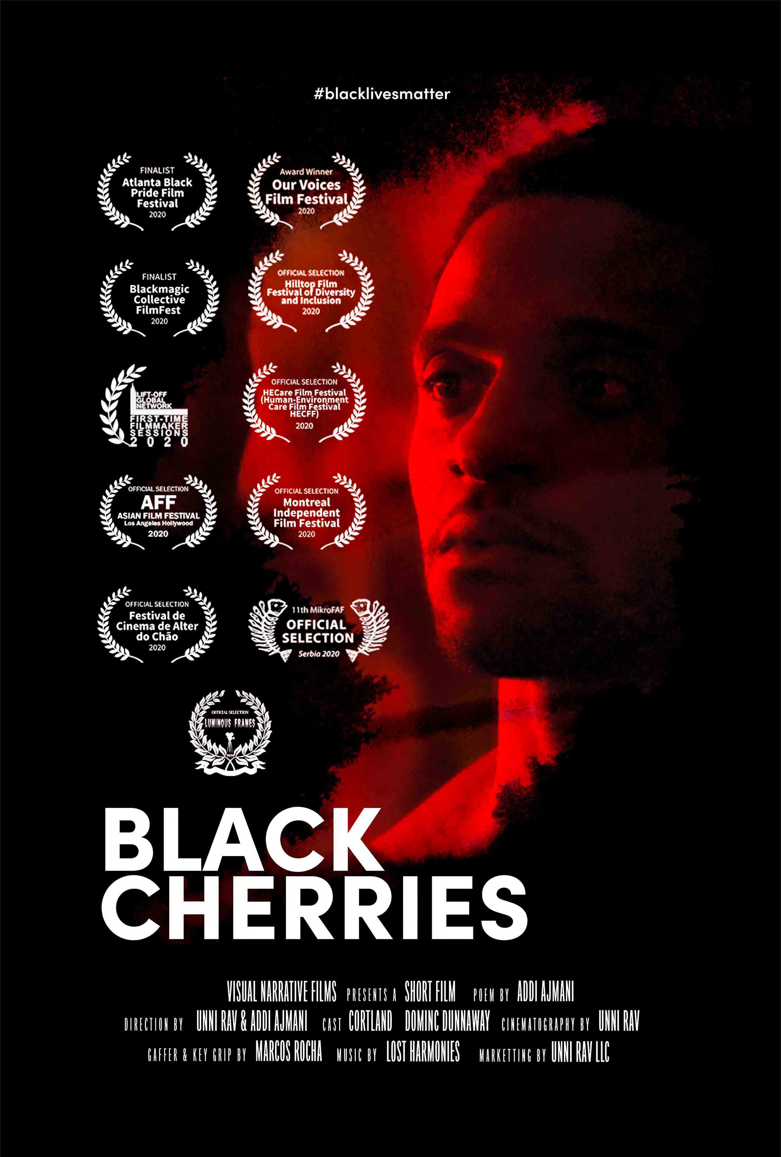 Poster for the short film 'Black Cherries' featuring a red-tinted profile of a woman's face and multiple festival award laurels on a black background.