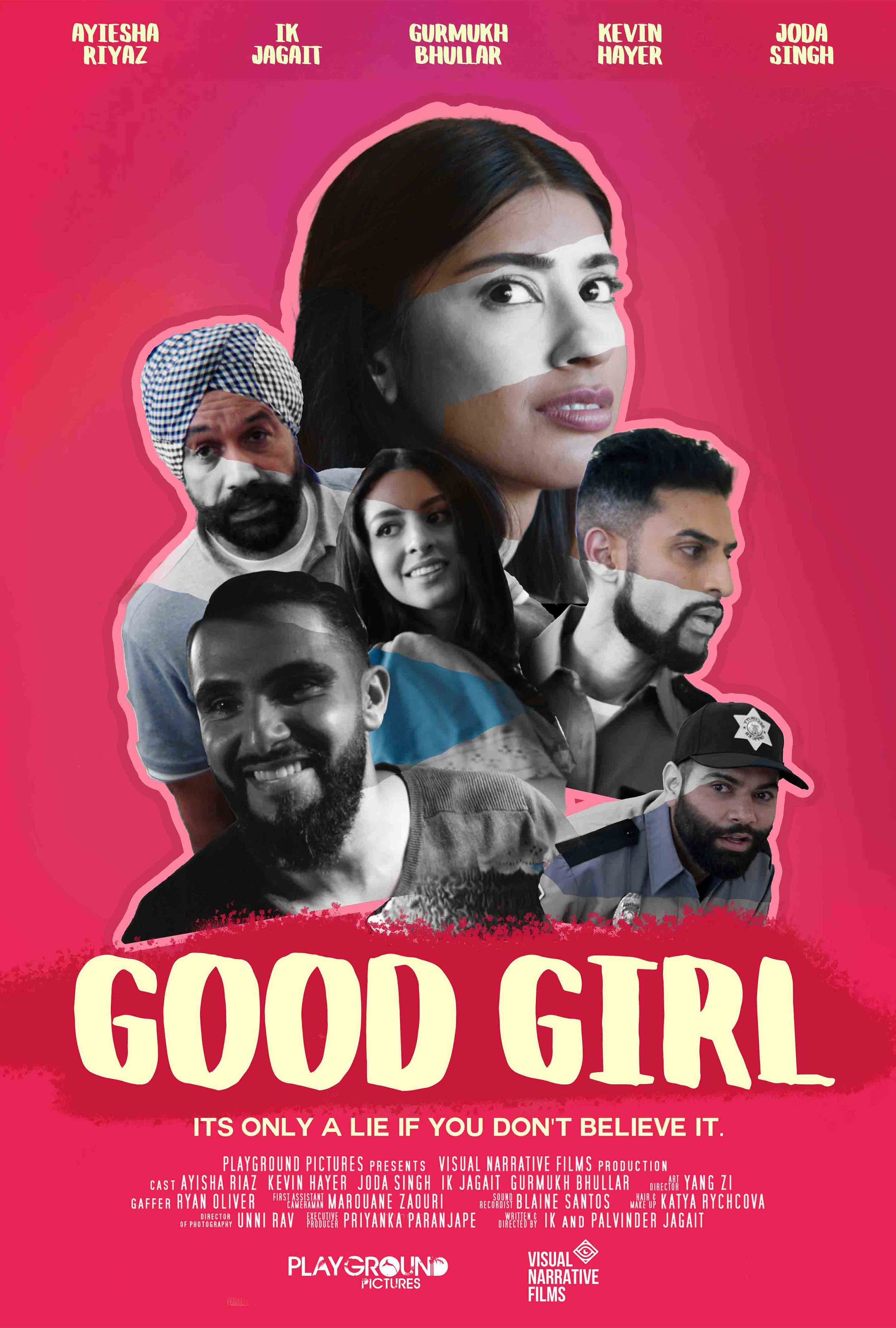 A promotional poster for the film 'Good Girl' featuring multiple characters, with a woman with long dark hair in the center, surrounded by five men, some smiling and others serious, with a pink background and the title in large cream letters at the bottom.