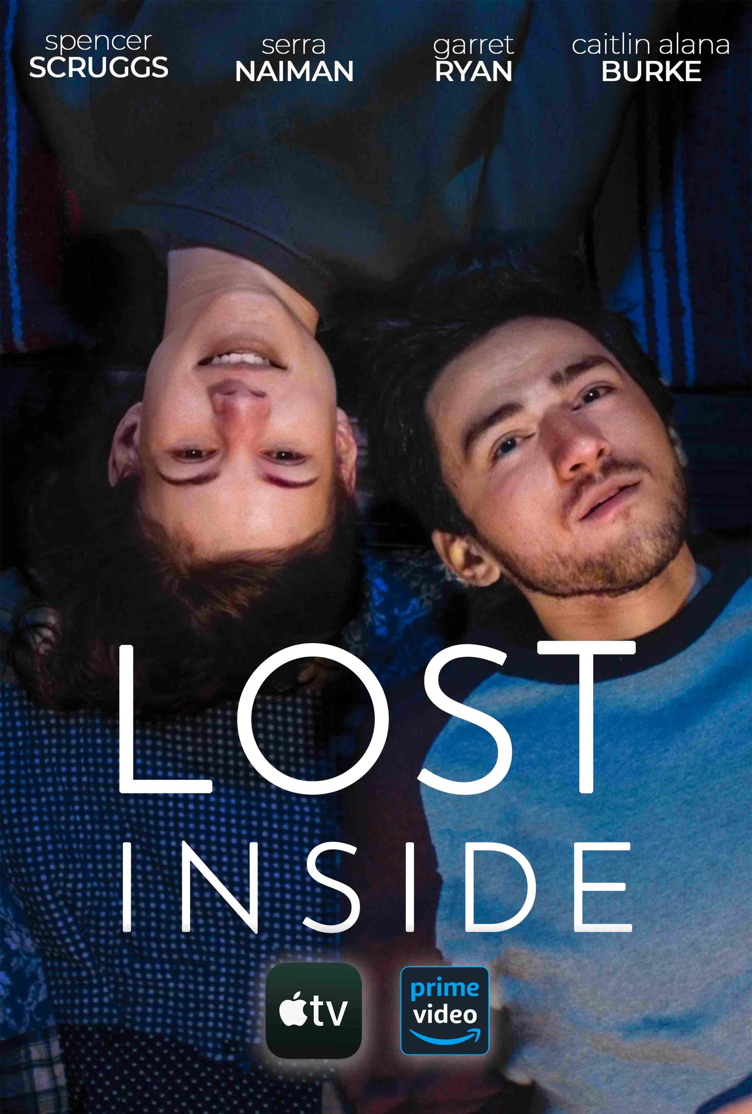 Poster for the show 'Lost Inside' featuring two young men lying on their backs, looking up at the camera. The titles and names of cast members are at the top, with logos for Apple TV and Prime Video at the bottom.