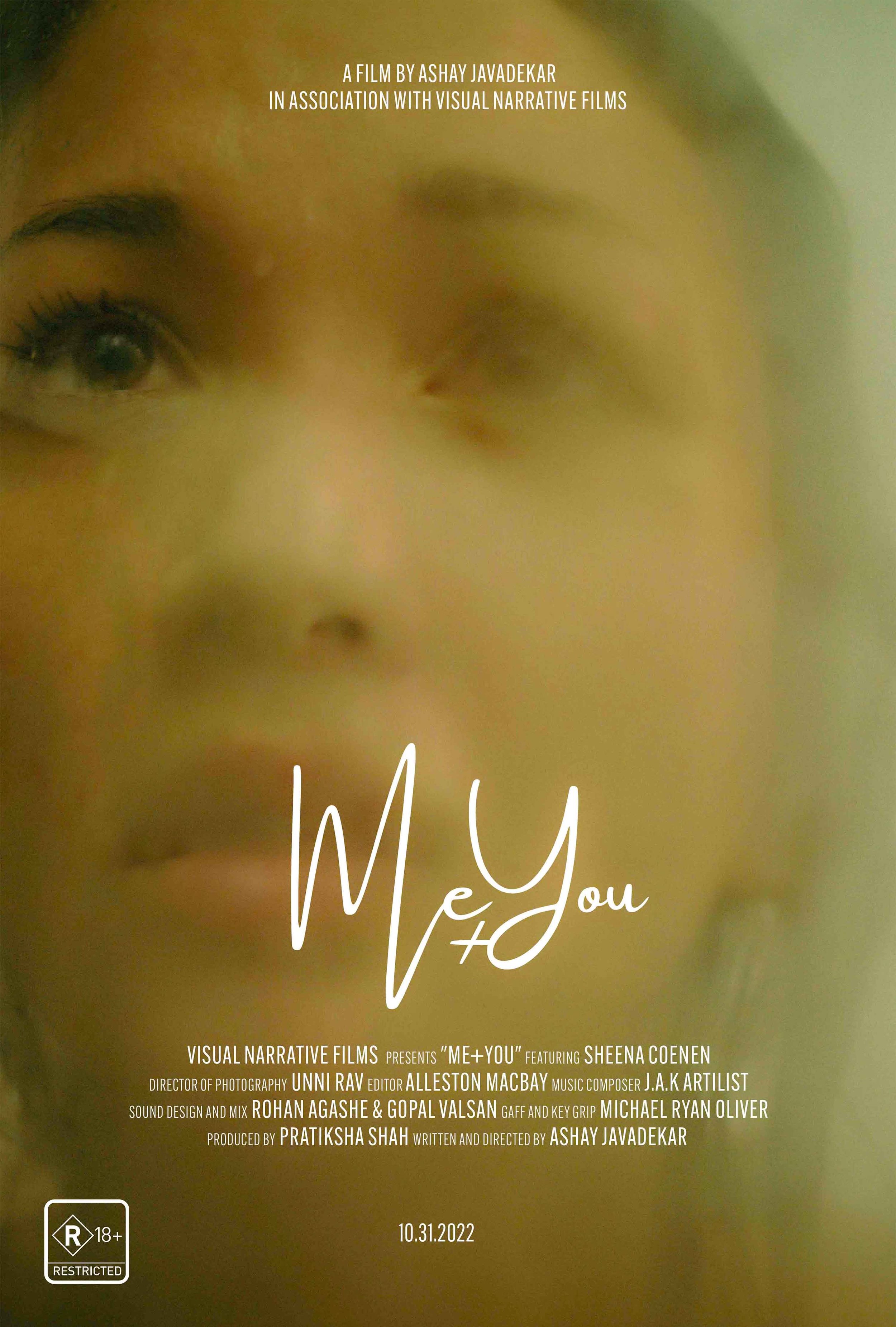Close-up of a woman with one eye open and the other eye winking, with a yellow-green blurred background. Overlaid text includes film credits and the title 'Me+You'.
