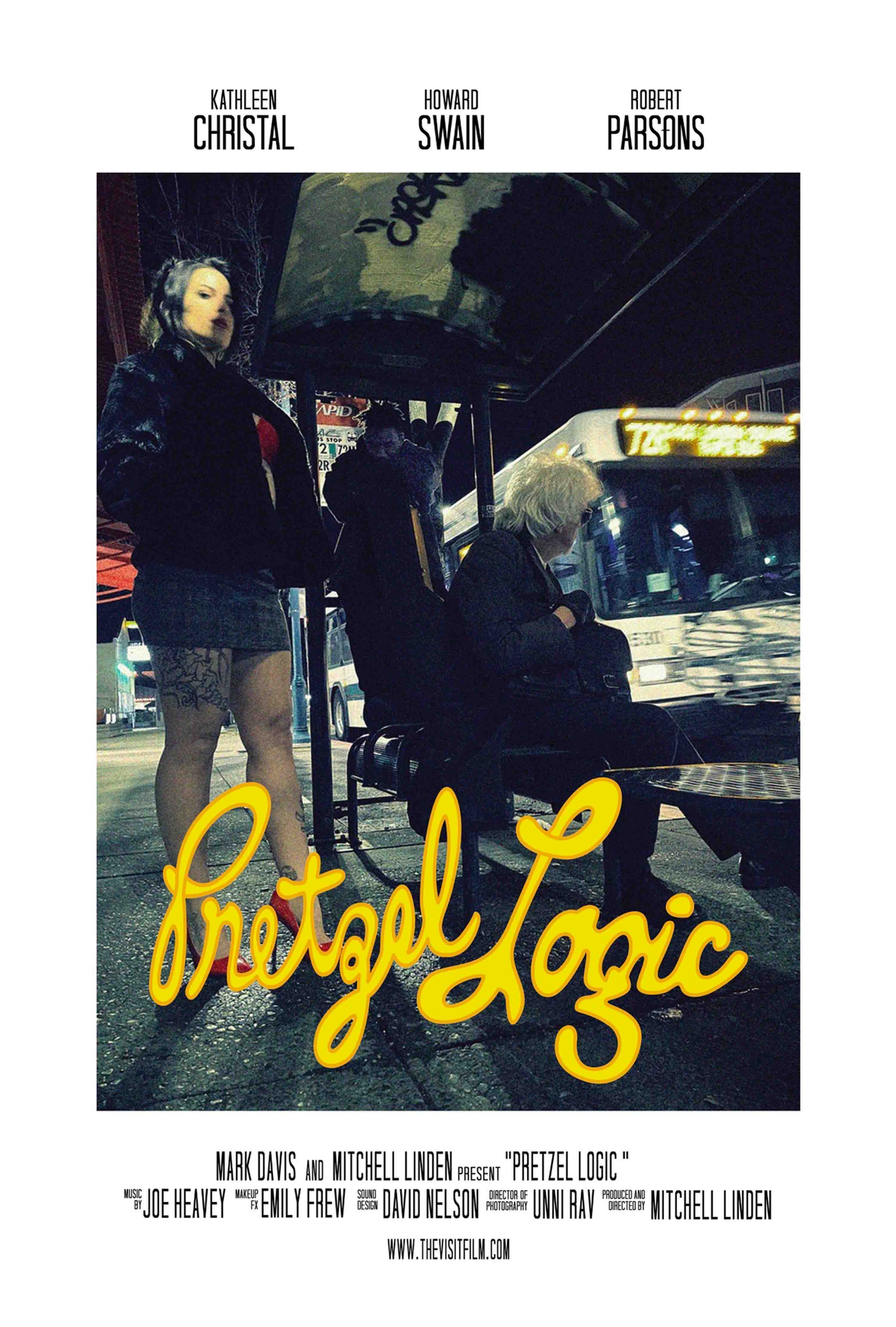 Movie poster for Pretzel Logic featuring three people at a bus stop with city lights in the background. One woman with tattoos stands, considering, while an older woman with white hair sits and looks down.