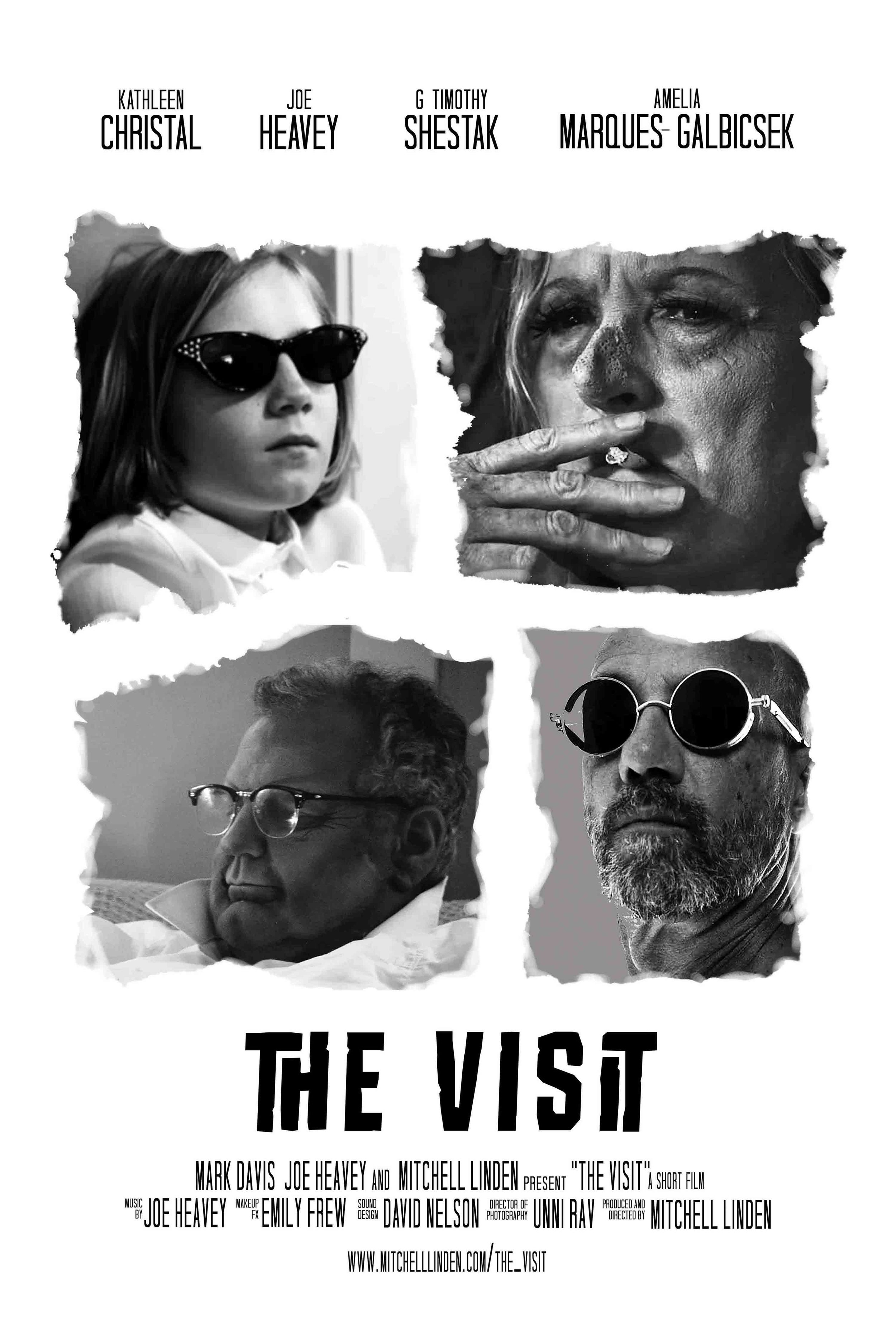 Black and white movie poster for 'The Visit' featuring portraits of four individuals, two women and two men, with torn paper effect around their images, and the title "The Visit" in bold at the bottom.
