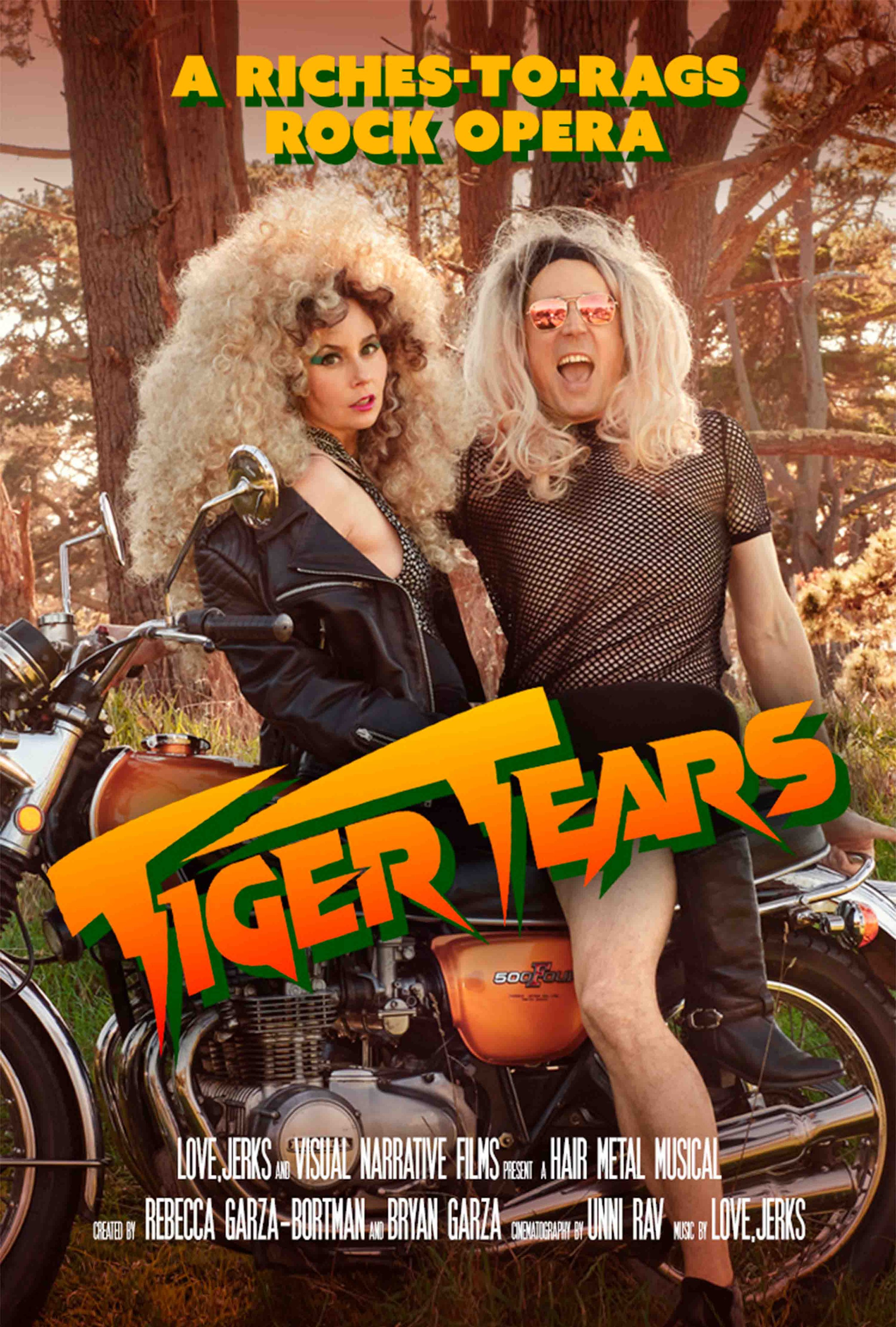 Two performers dressed in rock attire sitting on a vintage motorcycle in a wooded outdoor setting, with colorful text promoting a hair metal musical celebration.