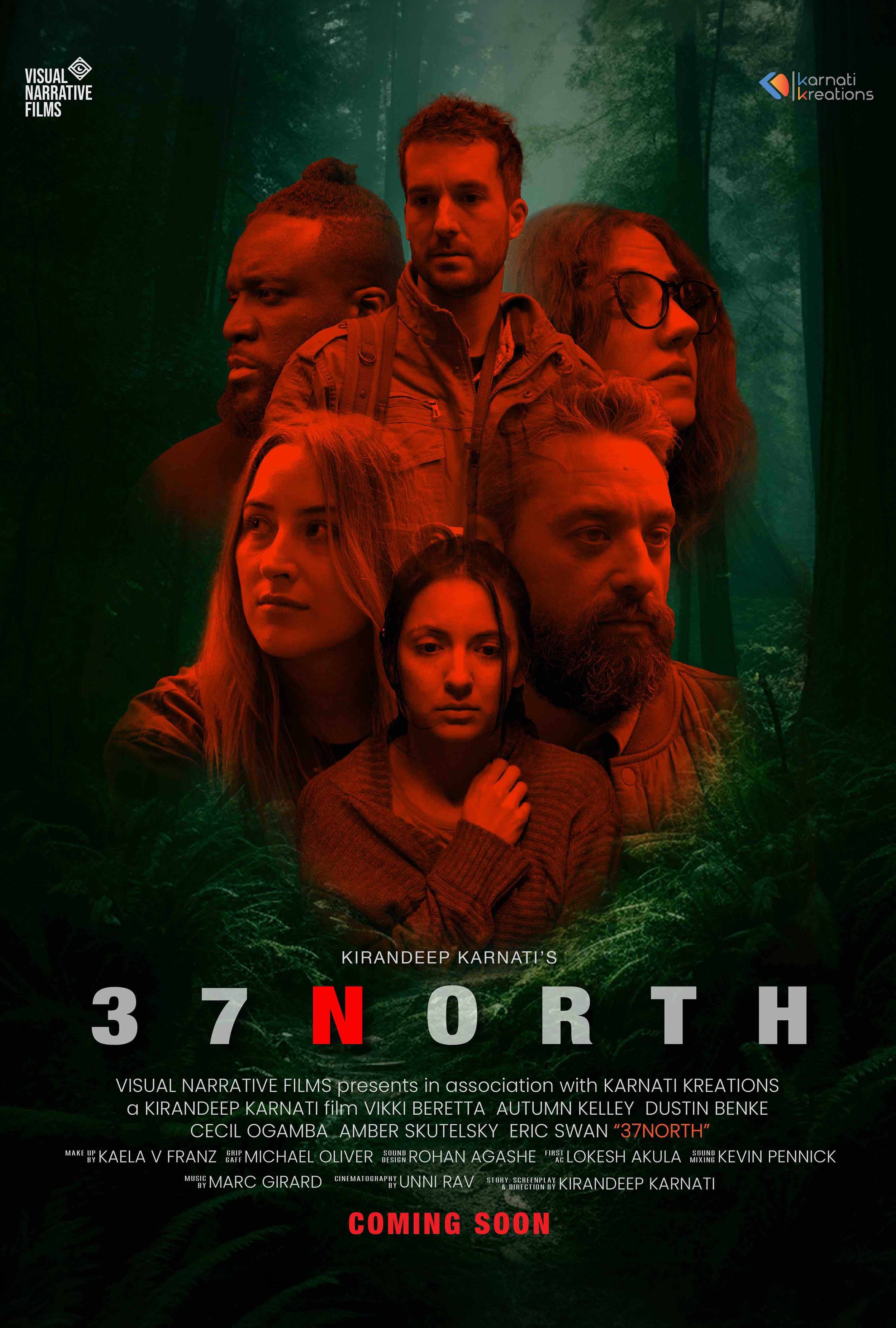 Movie poster for '37 North' featuring six diverse characters overlaid on a forest background, with text indicating it is a visual narrative film, coming soon and directed by Kirandeep Karnati.