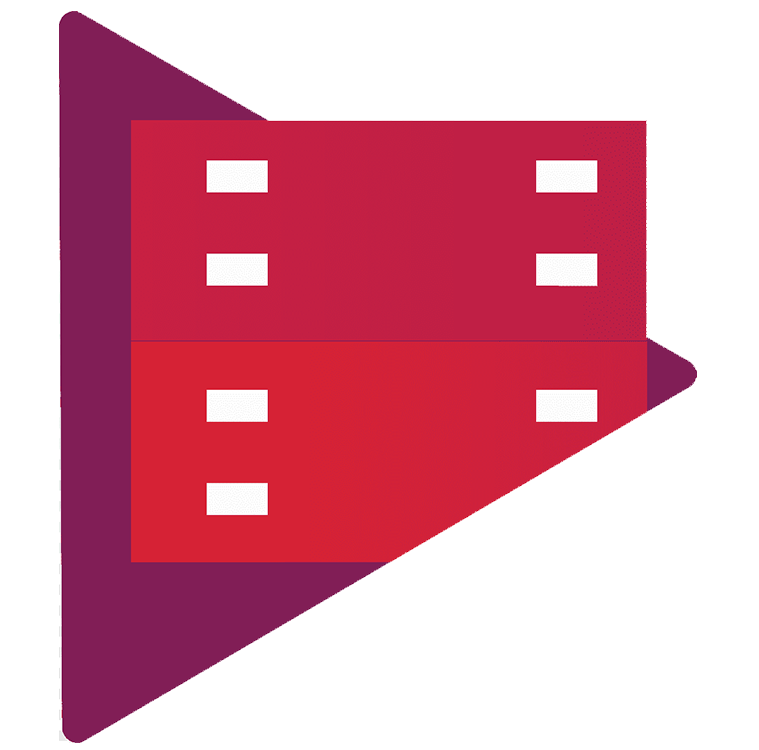 A stylized icon of a red film strip with eight white squares, overlaid on a purple play button background.