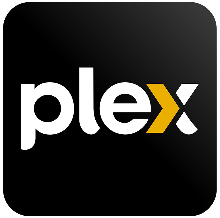 Plex logo with the word 'plex' in white lowercase letters on a black background, with a yellow arrow pointing to the right replacing the letter 'x'.